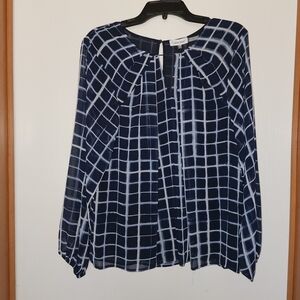 Calvin Klein Navy and White Grid-Pattern Blouse NWT